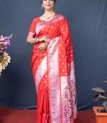Red Woven silk blend Saree With Blouse