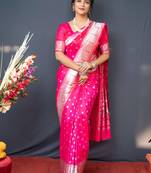 Pink Woven Paithani silk blend Saree With Blouse