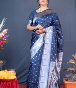 Navy Blue Woven Paithani silk blend Saree With Blouse