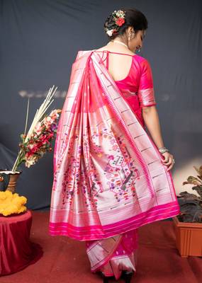 Pink Woven Paithani silk blend Saree With Blouse 4