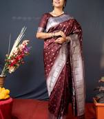 Maroon Woven Paithani silk blend Saree With Blouse