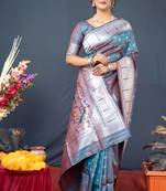 Grey Woven Paithani silk blend Saree With Blouse