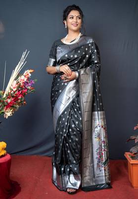 Black Woven Paithani silk blend Saree With Blouse 1