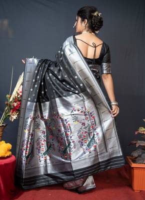 Black Woven Paithani silk blend Saree With Blouse 4
