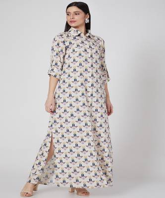 Arrow Print Art Crepe Ankle Length With Roll Up Sleeves Shirt Dress 1