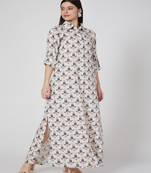 Arrow Print Art Crepe Ankle Length With Roll Up Sleeves Shirt Dress