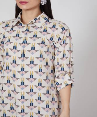 Arrow Print Art Crepe Ankle Length With Roll Up Sleeves Shirt Dress 3