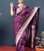 Maroon woven Banarasi silk blend saree with blouse