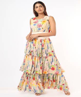 Stone Bee Garden Print Balloon Top With Layered Sharara Pants 1