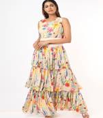 Stone Bee Garden Print Balloon Top With Layered Sharara Pants