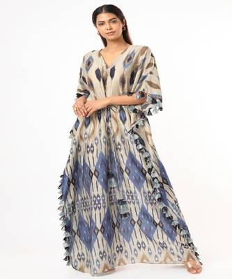 Blue Tribe Print Silkmul Kaftan With Tassels 1
