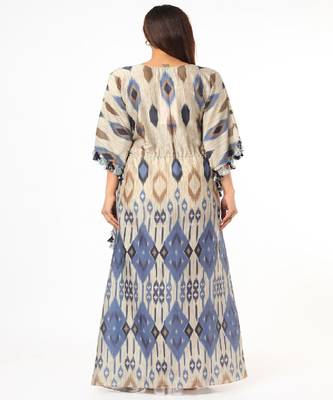 Blue Tribe Print Silkmul Kaftan With Tassels 2