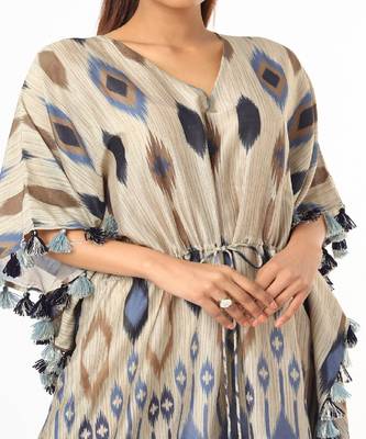 Blue Tribe Print Silkmul Kaftan With Tassels 3