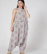 Grey Ikat Buti Print Crepe Top And Low Crotch Pants