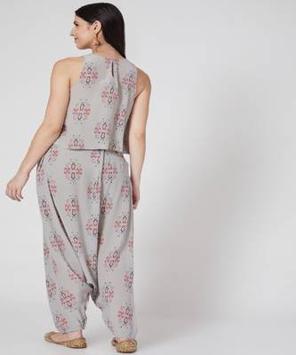 Grey Ikat Buti Print Crepe Top And Low Crotch Pants 2