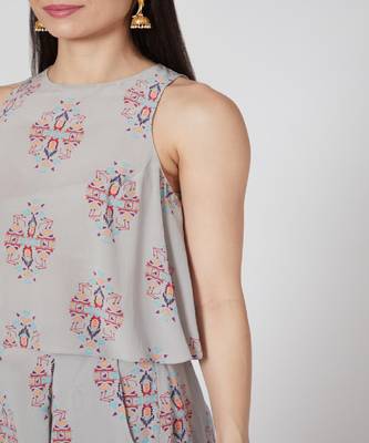 Grey Ikat Buti Print Crepe Top And Low Crotch Pants 4