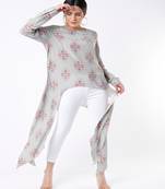 Grey Ikat Buti Print Crepe Tunic With Side Tail