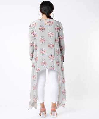 Grey Ikat Buti Print Crepe Tunic With Side Tail 2