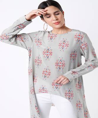 Grey Ikat Buti Print Crepe Tunic With Side Tail 3