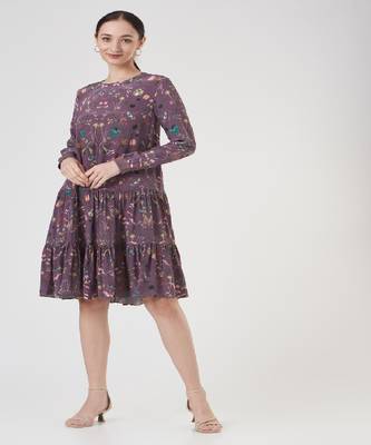 Purple Forest Print Crepe Frill Hem Tunic 1