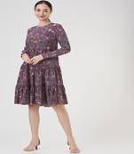 Purple Forest Print Crepe Frill Hem Tunic