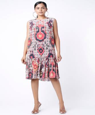 Red Ikat Tribe Print Crepe Frill Hem Tunic 1