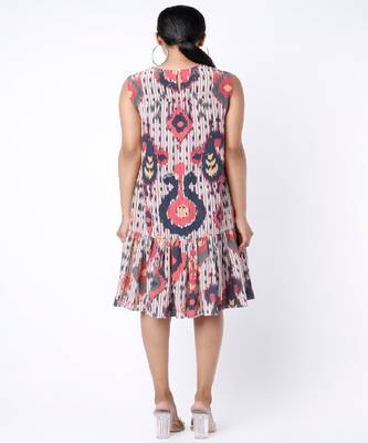 Red Ikat Tribe Print Crepe Frill Hem Tunic 2