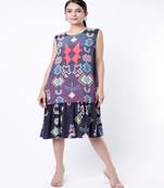 Purple Big Ikat Star Print Crepe Frill Hem Tunic