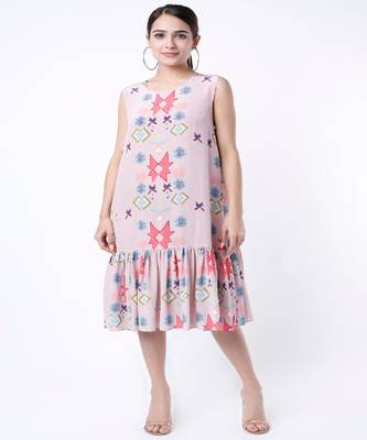 Pink Ikat Star Print Crepe Frill Hem Tunic 1