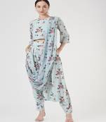 New Gulabi Print Top And Low Crotch Pants With Drape Saree