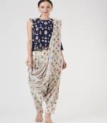 Navy Art Crepe Embroidered Top And Cream Printed Art Crepe Dhoti Pants With Attached Printed Art Georgette Drape