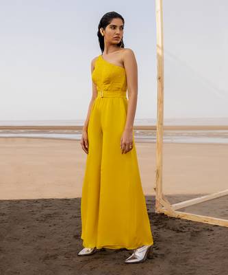 MANGO YELLOW SMALL BUTTI EMBROIDERED ONE SIDE SHOULDER JUMPSUIT WITH A BELT 1