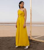 MANGO YELLOW SMALL BUTTI EMBROIDERED ONE SIDE SHOULDER JUMPSUIT WITH A BELT