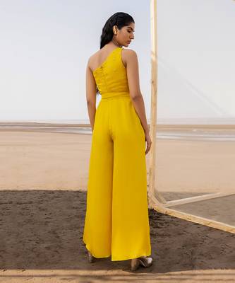 MANGO YELLOW SMALL BUTTI EMBROIDERED ONE SIDE SHOULDER JUMPSUIT WITH A BELT 2