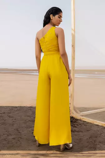 MANGO YELLOW SMALL BUTTI EMBROIDERED ONE SIDE SHOULDER JUMPSUIT WITH A BELT
