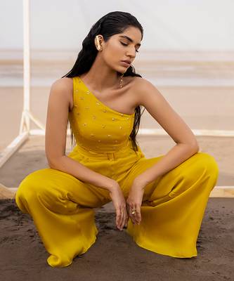 MANGO YELLOW SMALL BUTTI EMBROIDERED ONE SIDE SHOULDER JUMPSUIT WITH A BELT 3