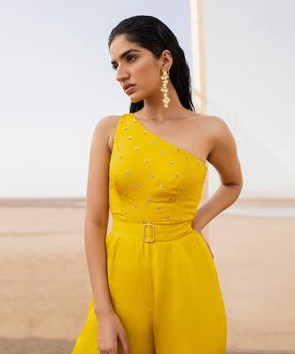 MANGO YELLOW SMALL BUTTI EMBROIDERED ONE SIDE SHOULDER JUMPSUIT WITH A BELT 4