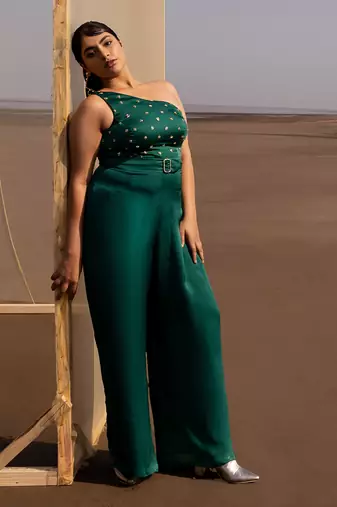 BOTTLE GREEN SMALL BUTTI EMBROIDERED ONE SIDE SHOULDER JUMPSUIT WITH A BELT