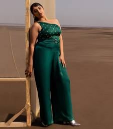 BOTTLE GREEN SMALL BUTTI EMBROIDERED ONE SIDE SHOULDER JUMPSUIT WITH A BELT