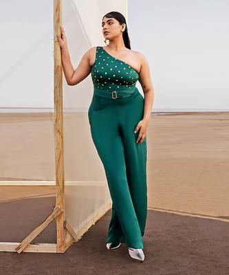 BOTTLE GREEN SMALL BUTTI EMBROIDERED ONE SIDE SHOULDER JUMPSUIT WITH A BELT 1