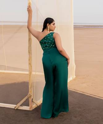 BOTTLE GREEN SMALL BUTTI EMBROIDERED ONE SIDE SHOULDER JUMPSUIT WITH A BELT 3