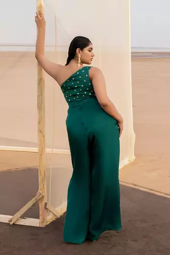 BOTTLE GREEN SMALL BUTTI EMBROIDERED ONE SIDE SHOULDER JUMPSUIT WITH A BELT