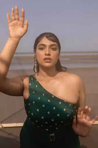 BOTTLE GREEN SMALL BUTTI EMBROIDERED ONE SIDE SHOULDER JUMPSUIT WITH A BELT