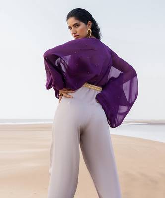 PURPLE CHITTA  IVORY JUMPSUIT WITH PURPLE BRALETTE AND A STATEMENT BELT 2