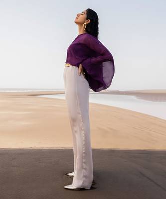 PURPLE CHITTA  IVORY JUMPSUIT WITH PURPLE BRALETTE AND A STATEMENT BELT 3