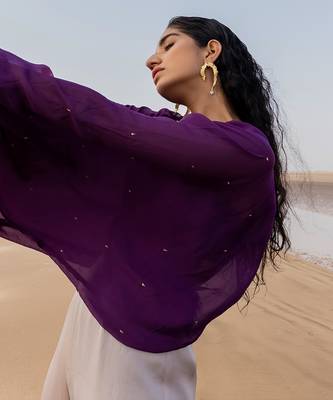PURPLE CHITTA  IVORY JUMPSUIT WITH PURPLE BRALETTE AND A STATEMENT BELT 4