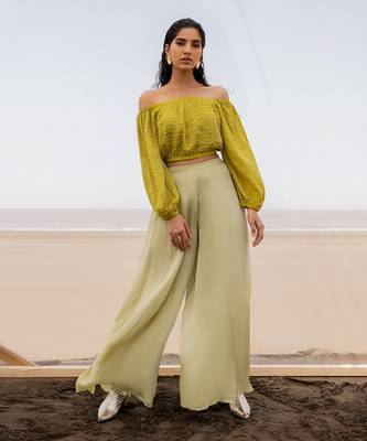 OLIVE GREEN OVERALL SCALLOP CUTDANA LINE CROP TOP WITH PISTA PALAZZO 1