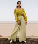 OLIVE GREEN OVERALL SCALLOP CUTDANA LINE CROP TOP WITH PISTA PALAZZO