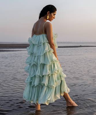 MINT BLUE FULL RUFFLE DRESS WITH CHITTA WORK AND EMBROIDERED STRAP 2