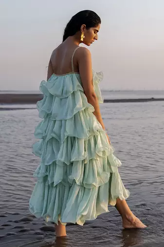 MINT BLUE FULL RUFFLE DRESS WITH CHITTA WORK AND EMBROIDERED STRAP